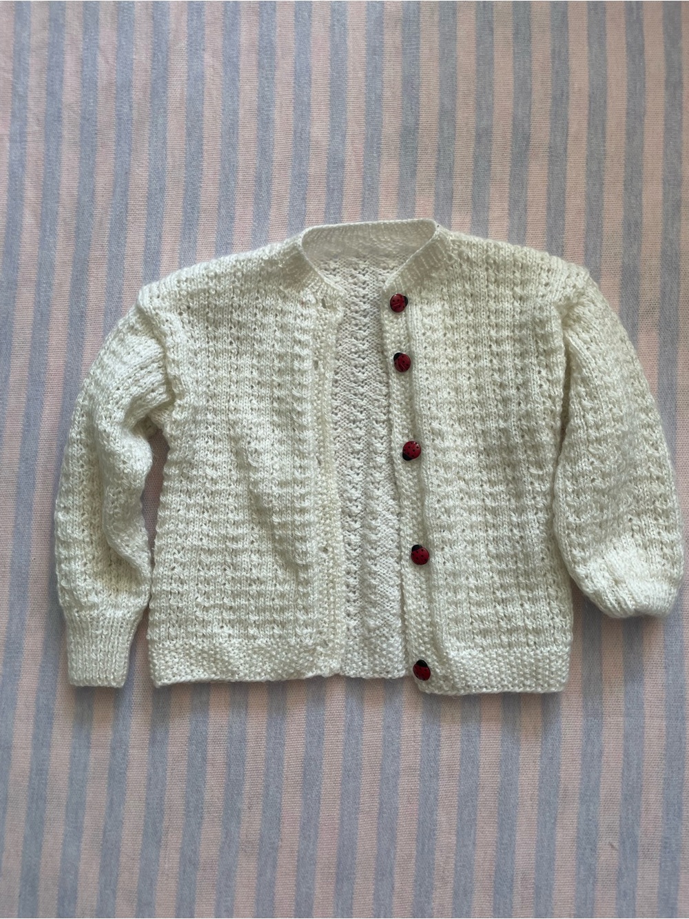 Handmade vintage Cream Knit baby girl Cardigan with Red ladybug Accent Buttons